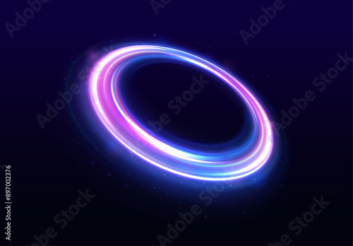 Neon lights and circles move quickly against a dark background. Curve light effect of blue line. Luminous blue circle.	