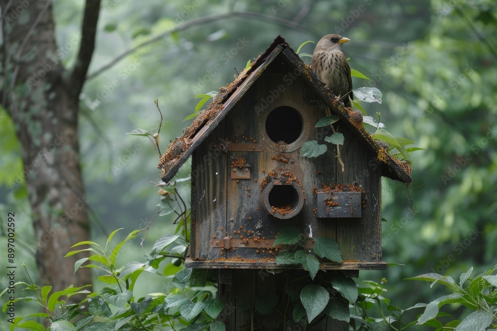 Small bird perching on a rustic wooden birdhouse, creating a serene nature scene Small bird perching on a rustic wooden birdhouse, creating a serene nature scene