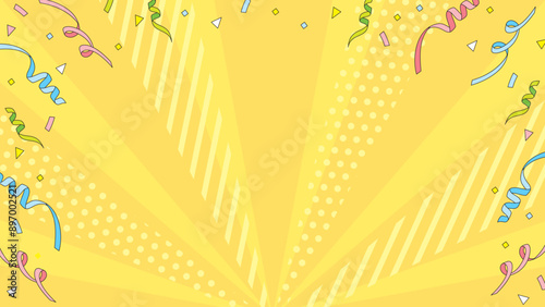 紙吹雪と紙テープが飛び交うポップな背景　黄色　サイズ比率16:9