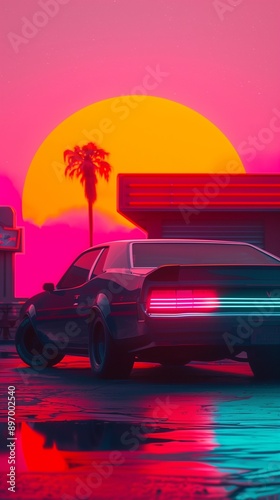 Futuristic car parked in front of the sunset, retrowave illustration