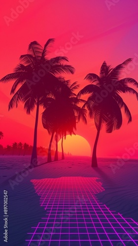 Sunset on the beach, vaporwave illustration