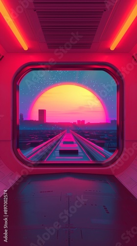 Retrowave cityscape seen from a train window