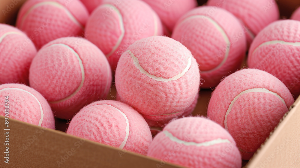 A box full of pink tennis balls A box full of pink tennis balls
