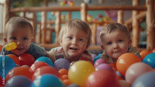 cute little boy playing ball enjoying time in entertainment, copy space