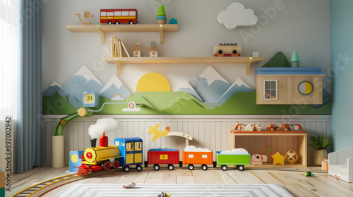 3d train set toy close up, in children living room