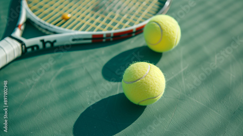 A hard tennis court and a tennis raquet,with three balls