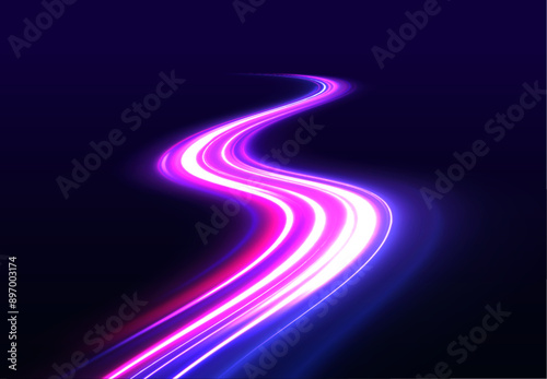 Sports light lines with neon effect in hay red and pink. Energy flow tunnel. Blue portal, platform. Vector speed of light in space on dark background.