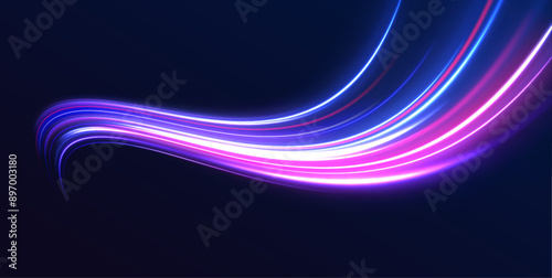 Abstract fire flare trace lens flares. Long exposure of motorways as speed. Neon line as speed or arc, turn, twist, bend in light effect. 