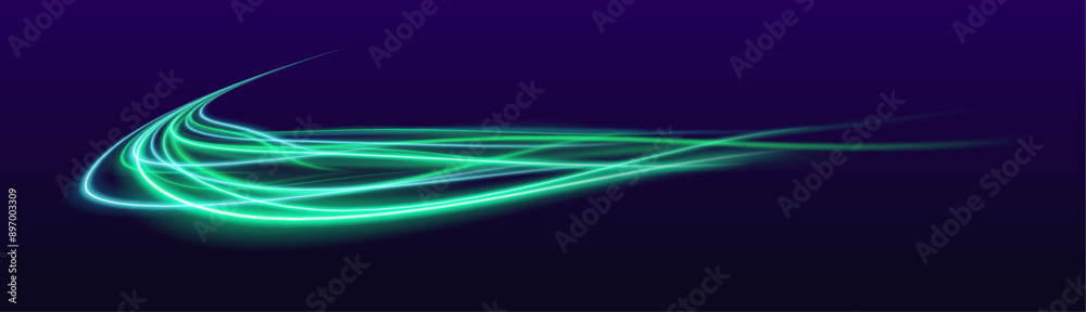 Lights and stripes of green color move quickly against a dark background. Magic of moving fast lines. Laser beams, horizontal light rays. Particle motion effect. Lights and stripes of green color move quickly against a dark background. Magic of moving fast lines. Laser beams, horizontal light rays. Particle motion effect.