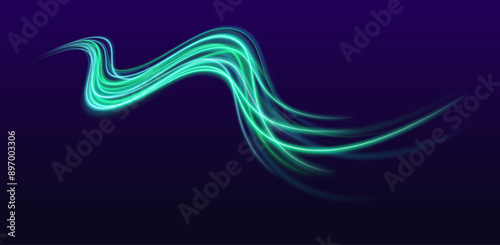 Green laser beams glowing abstract sparkling isolated on transparent background. Dynamic composition of bright lines forming lights track of speed movement. 