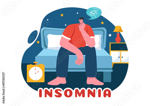 Insomnia Vector Illustration Featuring Young People Unable to Sleep, Lying Awake and Thinking with Eyes Open at Night in a Bedroom in Flat Cartoon