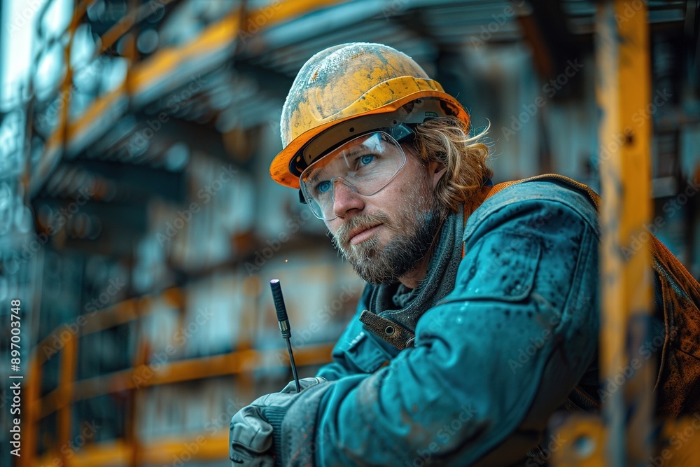 A man in a yellow helmet and safety glasses is leaning against a yellow railing A man in a yellow helmet and safety glasses is leaning against a yellow railing