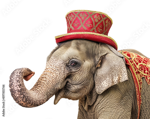 lovable elephant in a circus ringmasters outfit is on transparent background