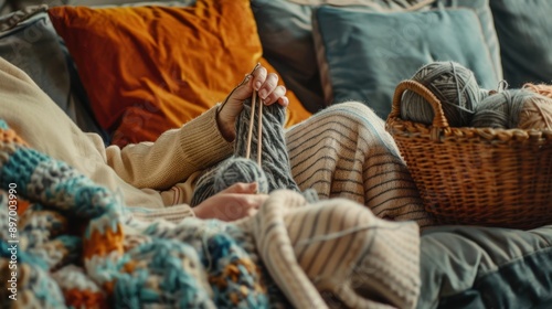 The Woman Knitting on Sofa photo