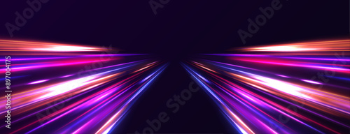 Sport car is made of polygons, lines and connected dots. Light trail wave, fire path trace line, car lights, optic fiber and incandescence curve twirl. High speed road in night time abstraction.	