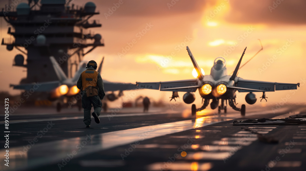 A naval officer walks on an aircraft carrier deck as a fighter jet ...