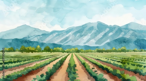 Water scarcity solutions, arid agriculture, productive harvest, watercolor style