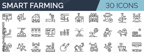 Set of 30 outline icons related to smart farming. Linear icon collection. Editable stroke. Vector illustration