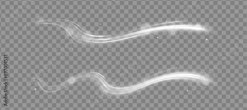 White bright blurred light lines in wave and speed motion. Abstract vector fire circles, sparkling swirls and energetic light spiral frames. Sparkling particles of magic dust.	