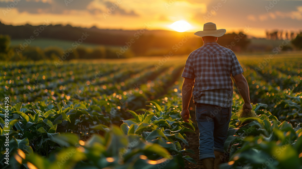 Fototapeta premium farmer walking through a green field at sunset wearing a plaid shirt and hat