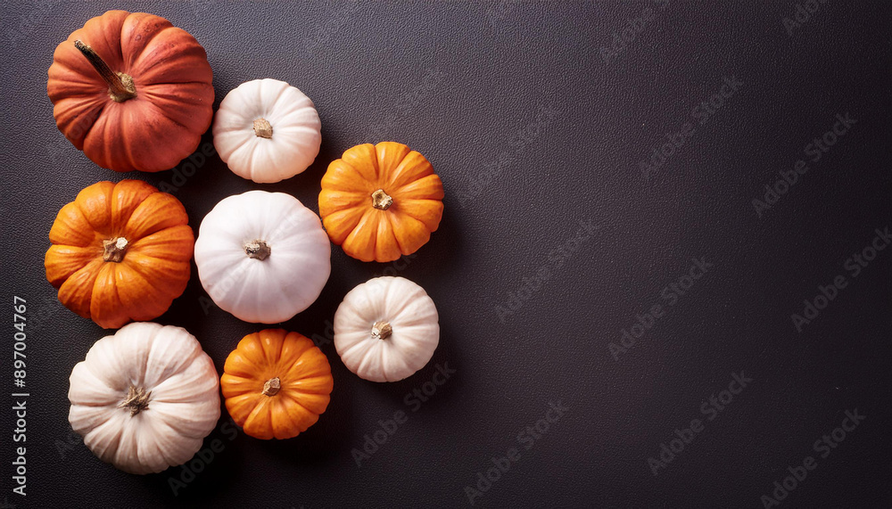 Orange, white and pink pumpkins, gourds against black background, autumnal display. Fall Thanksgiving Orange, white and pink pumpkins, gourds against black background, autumnal display. Fall Thanksgiving