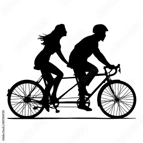 Man and woman riding together on tandem bicycle. Vector silhouette, black on white background in flat minimalism style