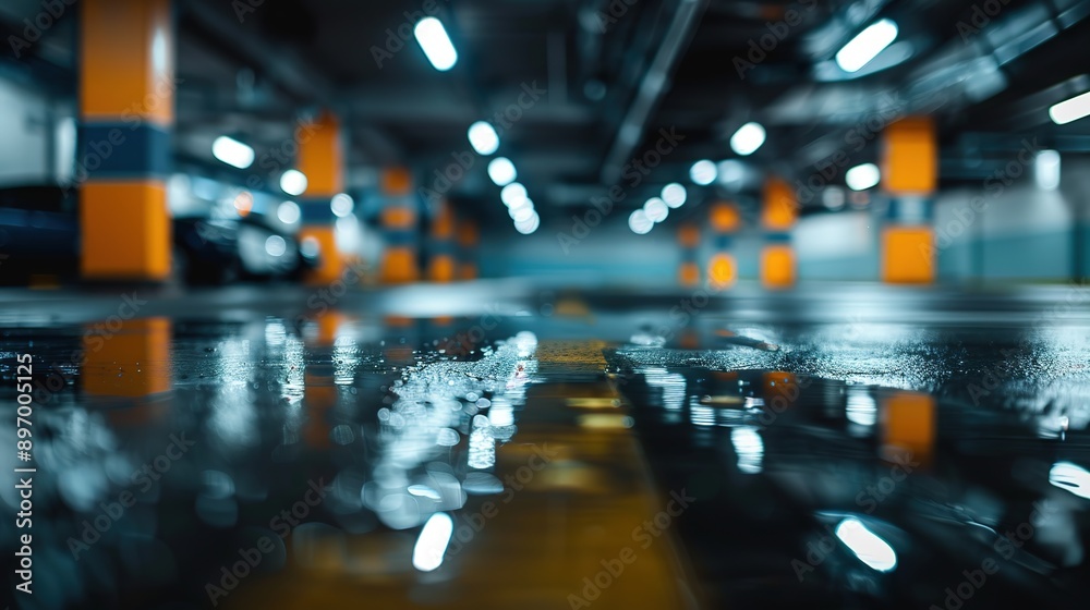 Obraz premium Close-Up of Reflective Garage Floor with Smooth Blurred Background and Sharp Foreground in Dark Atmosphere