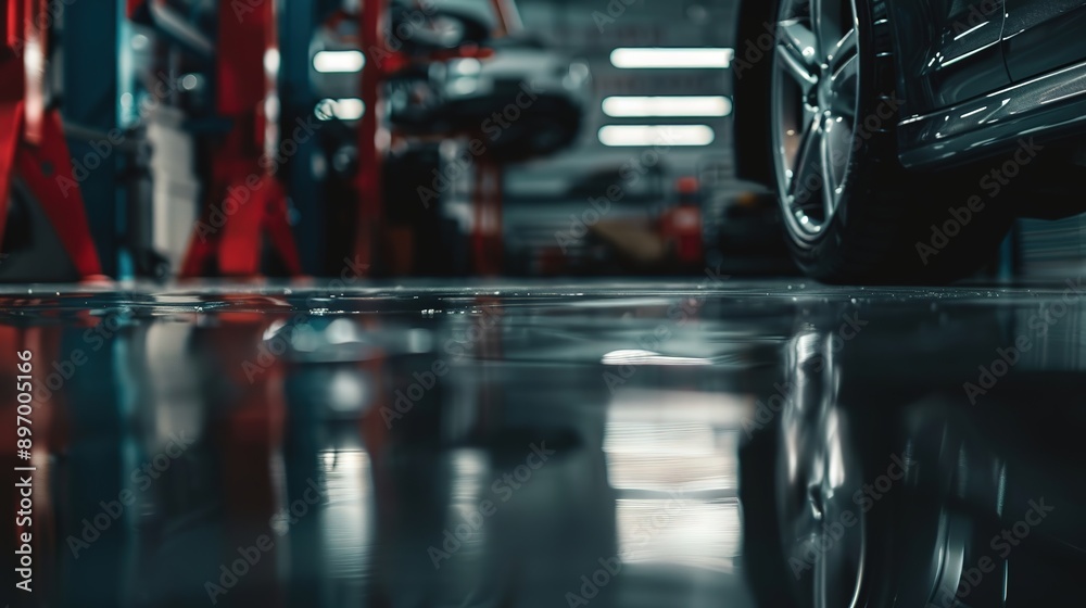 Close-Up of Reflective Garage Floor with Smooth Blurred Background and Sharp Foreground in Dark Atmosphere Close-Up of Reflective Garage Floor with Smooth Blurred Background and Sharp Foreground in Dark Atmosphere