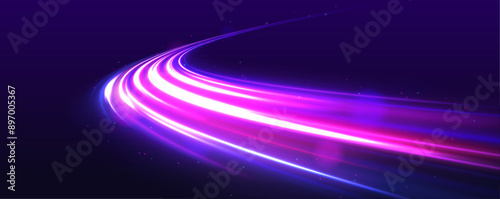 High speed road in night time abstraction. Sport car is made of polygons, lines and connected dots. Big data traffic visualization, dynamic high speed data streaming traffic. 	
