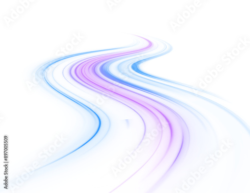 Neon stripes in the form of drill, turns and swirl. Illustration of high speed concept. Image of speed motion on the road. Abstract background png in blue and purple neon glow colors.	