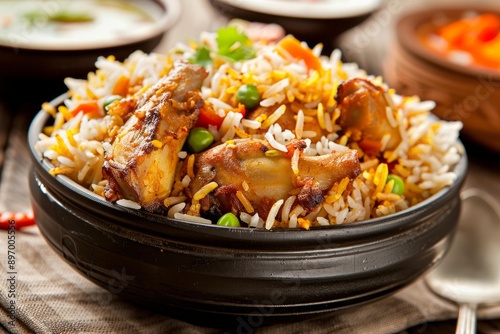 Delicious chicken biryani being served in a black bowl for dinner with vegetable side dishes