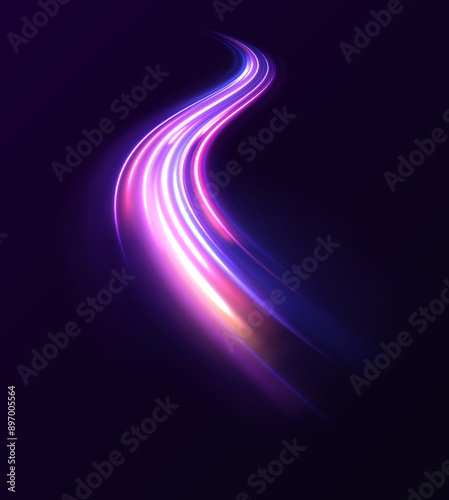 Modern abstract high-speed light motion effect on black background. Neon stripes in the form of drill, turns and swirl. Illustration of high speed concept. Image of speed motion on the road. 