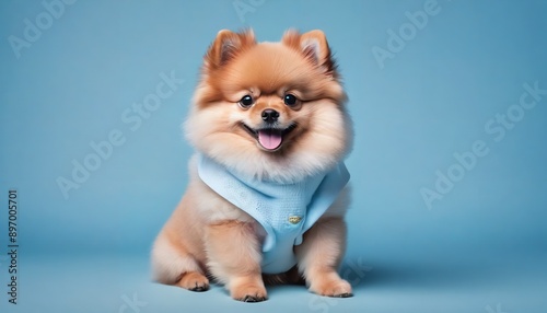 pomeranian puppy wear blue shirt on blue background