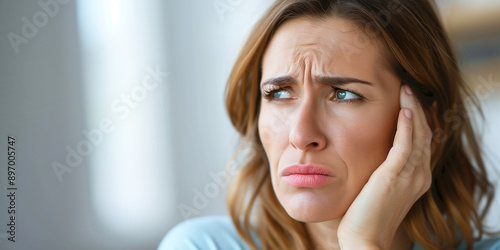 A woman experiencing severe toothache, holding her cheek in pain, expressing discomfort and agony, close-up shot highlighting facial expression.