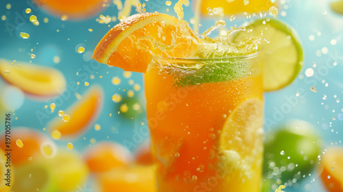 Fototapeta Naklejka Na Ścianę i Meble -  A refreshing citrus blend juice splashing with vibrant flying citrus fruits in a colorful, energetic scene.