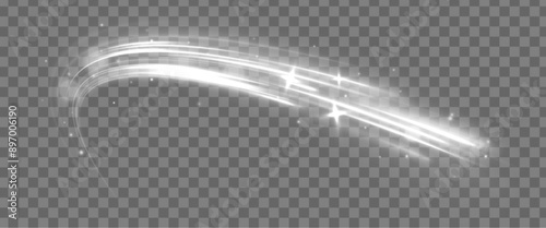 White bright blurred light lines in wave and speed motion. Curve light effect of motion wave. Dynamic white trail, fire path trace line, car lights, optic fiber and incandescence curve twirl. 