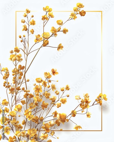 Elegant yellow floral arrangement with delicate blossoms and stems on a white background framed by a golden border.