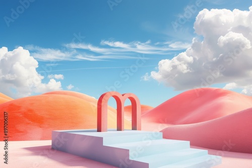 A platform with a dual arched gateway is depicted in this image, set amidst a vivid landscape of colorful sand dunes and a clear, bright sky with a few clouds. photo