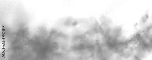 Grey smoke puff, white background and studio with no people with fog in the air. For used on light backgrounds. Transparency only in vector PNG format.	
