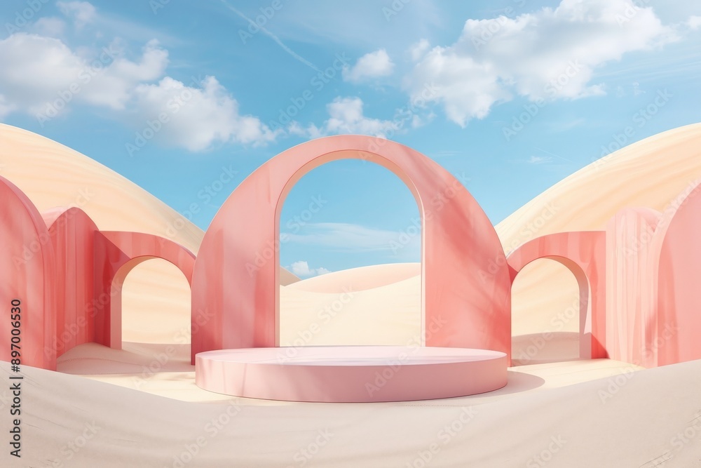 This image shows a surreal desert scene featuring pastel-colored arches and platforms, creating a dreamy and artistic atmosphere under a clear blue sky with minimal clouds. This image shows a surreal desert scene featuring pastel-colored arches and platforms, creating a dreamy and artistic atmosphere under a clear blue sky with minimal clouds.