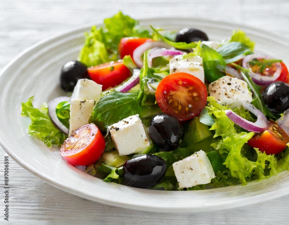 Greek salad on white plate isolated on white background. Greek salad on white plate isolated on white background.