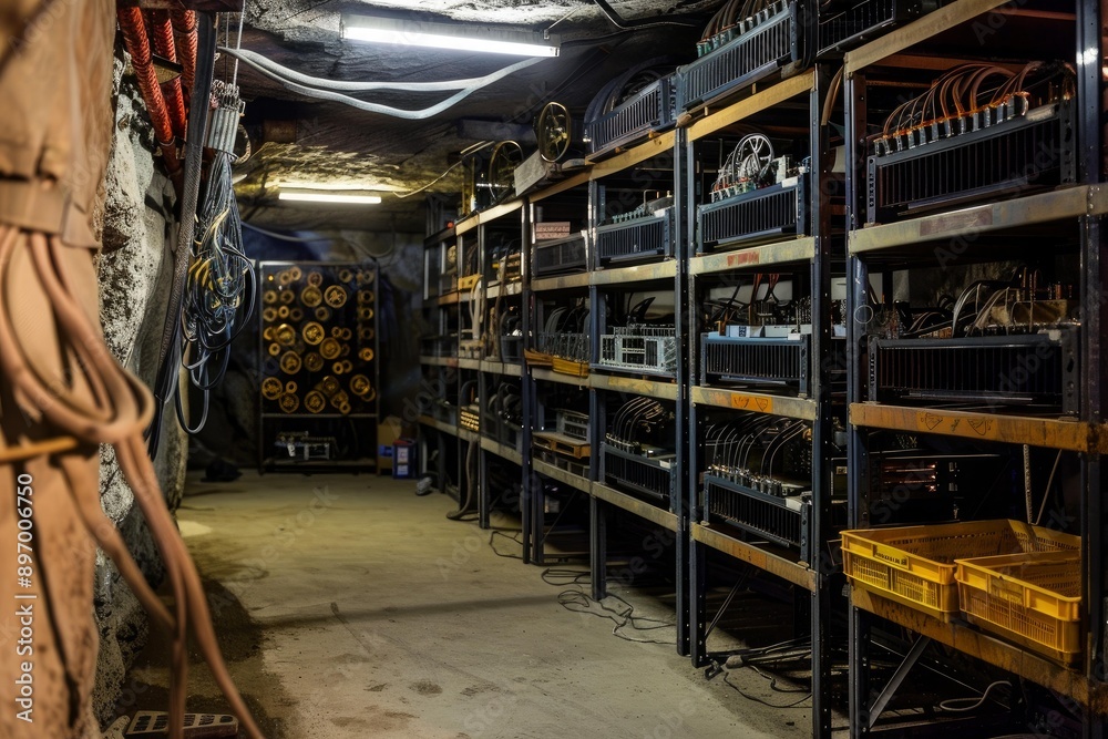 Cryptocurrency mining farm located in underground tunnel using computer servers Cryptocurrency mining farm located in underground tunnel using computer servers