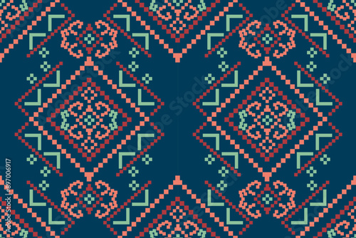 Geometric ethnic patterns. Cross Stitch. Seamless pattern in tribal, folk embroidery, and Mexican style. Aztec geometric art ornament print.Design for carpet, wallpaper, clothing, wrapping, fabric.