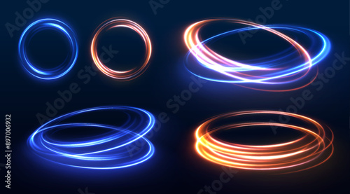 Set of speed lines in circle shape of neon colors for your design. Glowing spiral. Abstract neon color glowing lines background. 