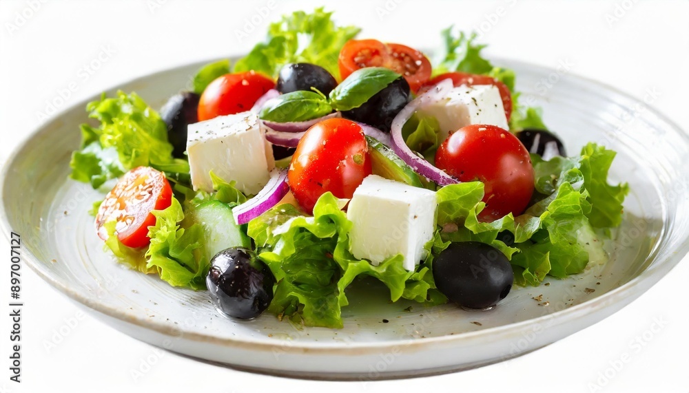 Greek salad on white plate isolated on white background. Greek salad on white plate isolated on white background.