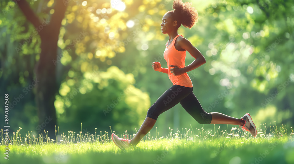 Side view beauty black woman jogging in park, obesity diet concept Side view beauty black woman jogging in park, obesity diet concept