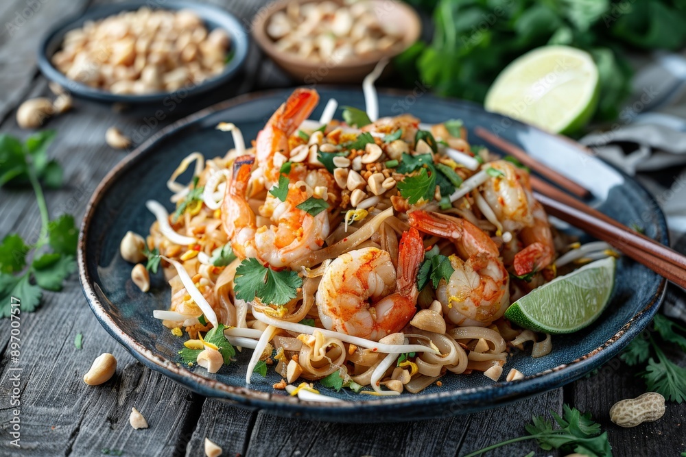 A mouthwatering serving of Shrimp Pad Thai garnished with fresh bean sprouts, roasted peanuts, lime wedges, and cilantro, served beautifully on a rustic plate. A mouthwatering serving of Shrimp Pad Thai garnished with fresh bean sprouts, roasted peanuts, lime wedges, and cilantro, served beautifully on a rustic plate.