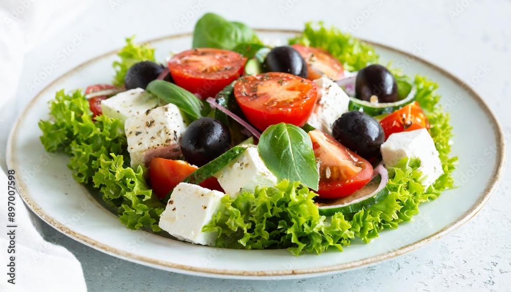 Greek salad on white plate isolated on white background. Greek salad on white plate isolated on white background.