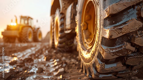 Close-up of heavy machinery with large tires on a construction site, with a blurred background of tractors and a dirt road in the morning light