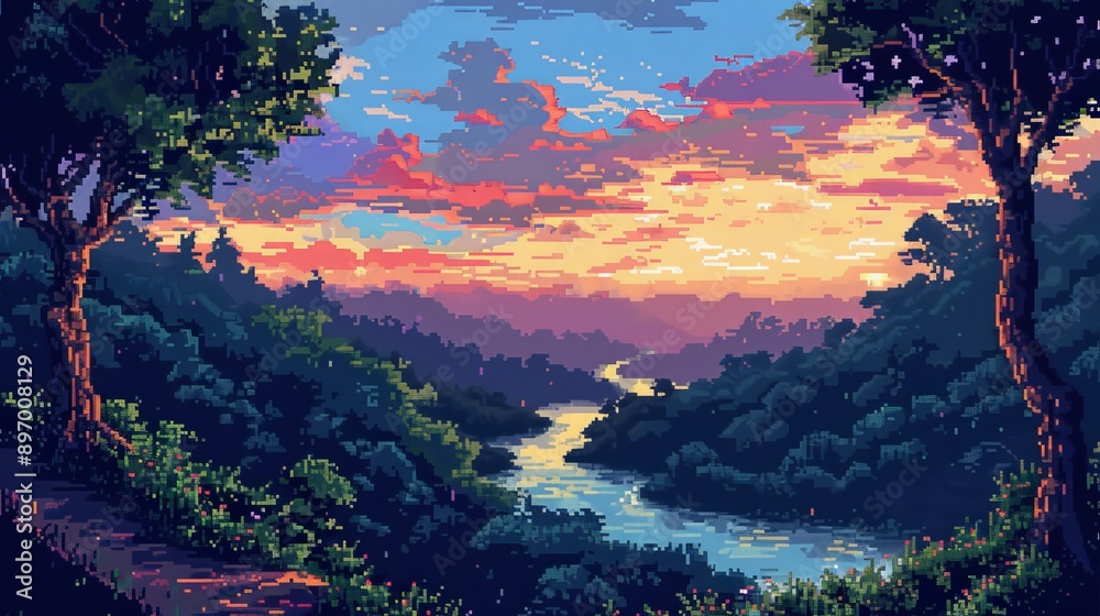 custom made wallpaper toronto digitalPixel art of a winding river cutting through hills with a vibrant sunset sky in the background, casting an enchanting light and creating an ambiance of tranquility and beauty.